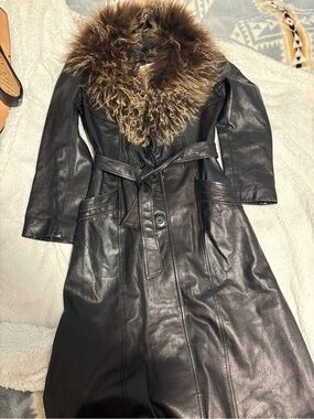 Black Leather Trench Coat with Fur Collar